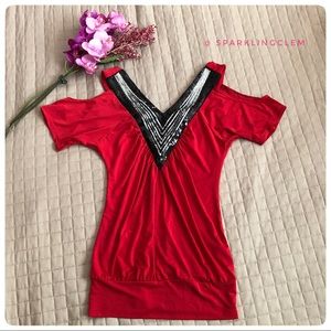 Lipstick red shiny sequins XS cut-out sleeve top